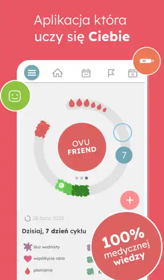OvuFriend - ekran asystenta z pytaniami dotyczącymi zdrowia i cyklu